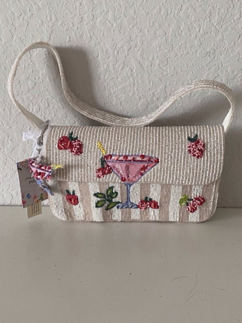 Handcrafted in India Strawberry Margarita Martini Beaded Bag W/Charm Viral NEW